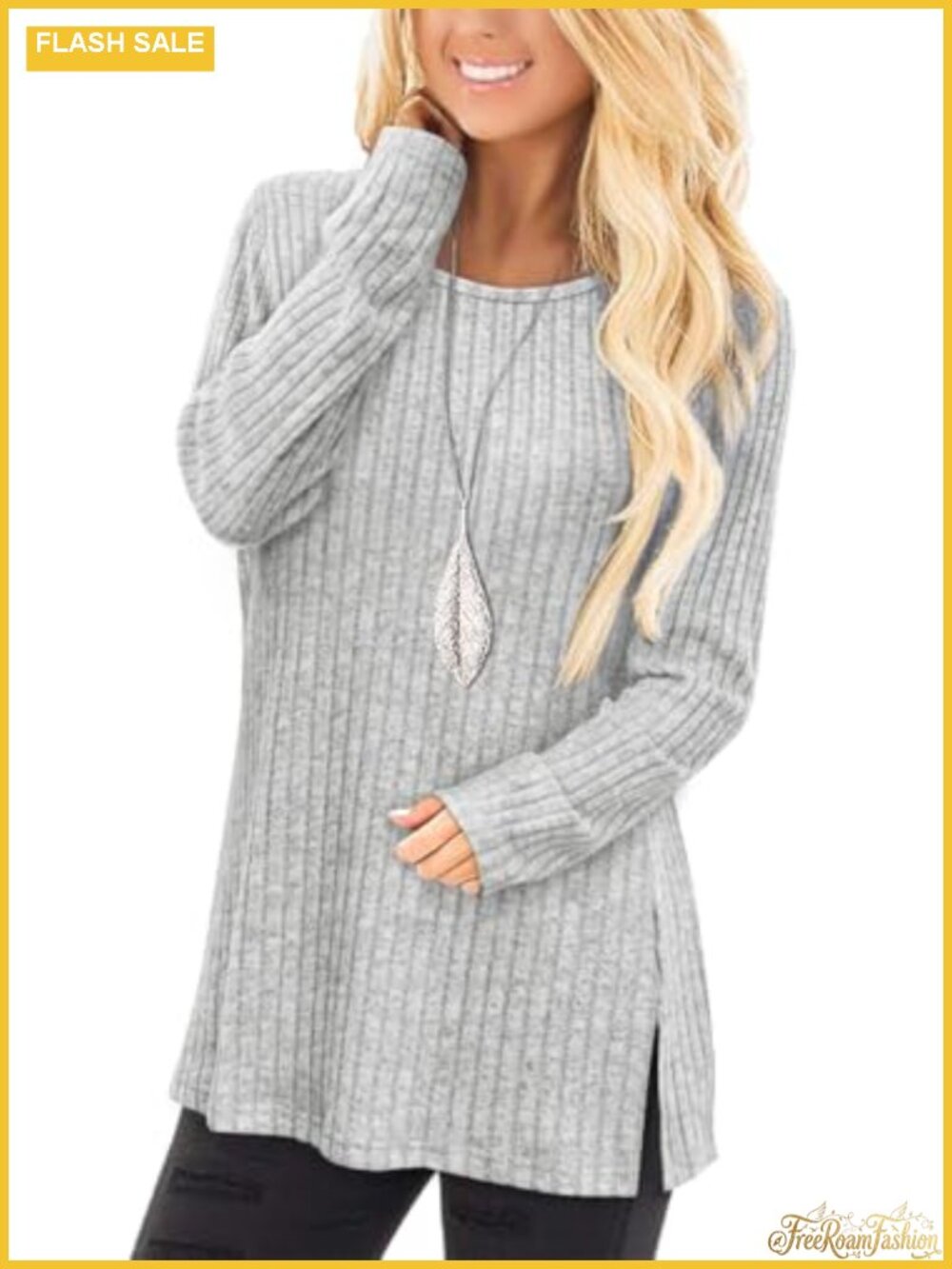 Long Sleeve Crew Neck Side Split Tunic Sweater Loose Fit